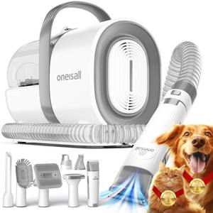 lot 16983 image: oneisall Dog Grooming Vacuum, Pet Grooming Vacuum with Clipper Nail Grinder, 1.5L Dust Cup Dog deshedding Vacuum Brush with 7 Tools for Shedding Pet Hair, Home Cleaning Grey - Retail $100