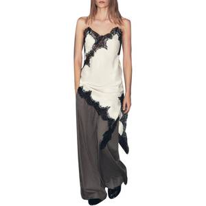 lot 29524 image: Women Silk Satin Extra Long Camisole Lace Asymmetrical Trim Cami Tank Crop Tops Y2k Silky High Low Hem Lace Layering Slip Dress White-Lg