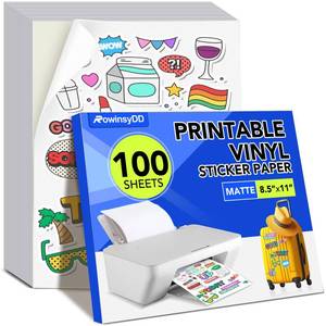 lot 29551 image: 100 PCS Printable Vinyl Sticker Paper for inkjet printer & Laser Printer, Standard Letter Size 8.5x11, Waterproof Sticker Paper Dries Quickly Vivid Colors, Matte White - Retail $23