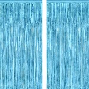 lot 29580 image: 2 Pack Backdrop Curtains, 3.28 Feet x 7.05 Feet Sky Blue Tinsel Backdrop, Metallic Fringe Curtains Foil Tinsel Party Streamer, Winter Backdrop Happy Birthday Party Supplies - Retail $6