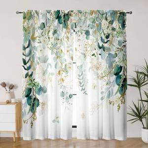 lot 29583 image: GOLDLAWN Gold Green Curtains 84 Inches Long Sage Green Leaves Light Filtering Curtain White Floral Drapes for Living Room Farmhouse Leaf Retro Elegant Window Curtains for Bedroom 2 Panels - Retail $20
