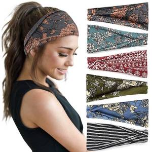 lot 31462 image: Huachi Boho Headbands for Women Wide Head Bands Yoga Workout Hair Bands for Womens Hair Non Slip Summer Womens Headbands Hair Accessories 6 Pack - Retail $10