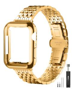 lot 31472 image: QUNDAXI Compatible Apple Watch Bands 40mm 41mm 38mm 45mm 44mm 42mm, Stainless Steel iWatch Band with Case for Apple Watch Women and Men Series 9 8 7 6 5 4 3 2 1 SE, Gold - Retail $15