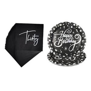 lot 32426 image: Black and Silver 30th Birthday Plates and Napkins Set,Men Women 30th Birthday Party Decorations Supplier Paper Deseert Plates and Cocktail Napkins  - Retail $11