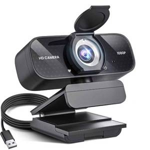 lot 32436 image: 1080P HD Webcam with Noise-Canceling Mic, Auto Light Correction, Privacy Cover and Wide Angle Lens, Plug & Play USB Camera for LaptopDesktopPCMac, Compatible with ZoomSkypeTeamsStreaming Black - Retail $10