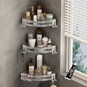 lot 32441 image: VOLPONE Corner Shower Shelves with Hooks Shower Storage Rack Rustproof Tub Organizer Drill Free (adhesive mounting, no suction cup) Shampoo Holder Wall Mount Corner Shower Caddy (3-Pack, Silver) - Retail $36
