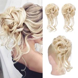 lot 32443 image: HOOJIH Messy Bun Hair Piece, 2PCS Tousled Updo with Tendrils Hair Bun Extensions Wavy Curly Hair Wrap Ponytail Hairpieces Thick Hair Scrunchies for Women HB010 Dasiy - Cool Light Blonde - Retail $10
