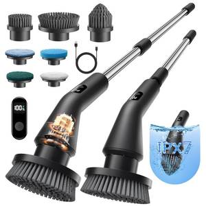 lot 49005 image: Leebein Electric Spin Scrubber, Cordless Cleaning Brush for Bathroom Shower Tub, IPX7 Waterproof Power Scrubber with 7 Brush Heads, Extendable Long Handle and 2 Speeds Scrubber for Bathtub Floor - Retail $36