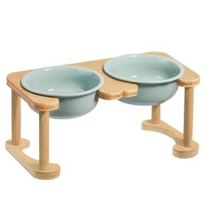 lot 49006 image: Elevated Ceramic Dog Bowls, Raised Dog Bowl with Anti-Slip Stand, Pet Feeding Dishes for Medium Sized Dogs, Modern Pet Feeder Bowl, Dog Food & Water Bowl Set (6.3 Tall-28oz-Light Green) - Retail $37