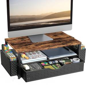 lot 49010 image: Spacrea Desk Organizer and Accessories, Computer Monitor Stand Riser with Drawer and 2 Pen Holders, Office Desk Accessories & Workspace Organizers for Office Supplies (Wood) - Retail $23