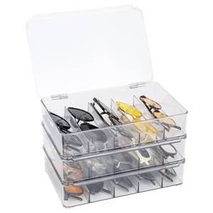 lot 49011 image: FORUP Sunglasses Organizer, Plastic Stackable Eyeglass Case Storage Organizer, Sunglass Glasses Storage Box with Hinged Lid, 5 Sections, 3 Pack, Clear - Retail $27