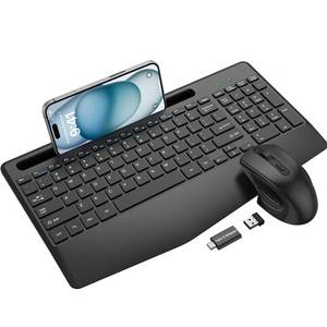 lot 49012 image: Wireless Keyboard and Mouse Combo, Ergonomic Keyboard with Wrist Rest, Phone Holder, Sleep Mode, 2.4G Lag-Free Rechargeable Silent Cordless Keyboard Mouse Set for Windows, Mac, Laptop, PC (Black) - Retail $37