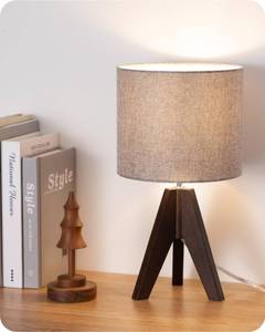 lot 49013 image: EDISHINE Boho Small Table Lamp, Walnut Color Wooden Tripod Bedside Lamp, Farmhouse Nightstand Lamp for Nursery, Bedroom, Office, Kid Room, Living Room, Grey Linen Lampshade, E26 Socket, 14.2 Inch - Retail $28