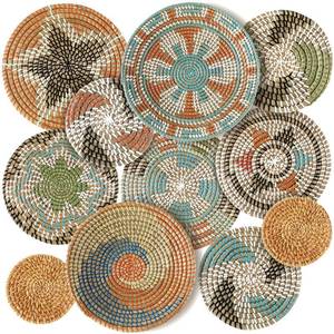 lot 49021 image: Tatuo 11 Pcs Boho Wall Basket Decor Bulrush Woven Wall Hanging Art Round Farmhouse Rustic Handmade Wicker for Summer Home, Bedroom, Living Room, Kitchen Decorations, Multi Sizes(Farmhouse) - Retail $66