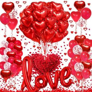 lot 49023 image: 128Pcs Valentines Day Decorations, Red Heart Valentine Balloons, Fake Rose Petals, I Love You Balloon Hanging Decor for Romantic Party Anniversary Surprise Proposals, Wedding Engagement Party favors - Retail $14