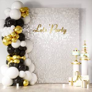 lot 49031 image: COKAOBE Mirror White Shimmer Wall Backdrop, 24PCS Square Sequin Shimmer Backdrop Panel, Photo Backdrops for Birthday, Anniversary, Wedding, Graduation & Bachelorette Party Decoration - Retail $70