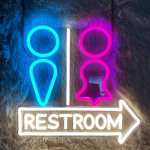 lot 49034 image: Restroom Neon Sign for Wall Decor Toilet Arrow Led Neon Lights Blue Pink 13.2x12.6 for Bar Cafe Restaurant Hospital Mall Store bathroom Decoration USB Powered Ultra Bright Dimmable - Retail $34