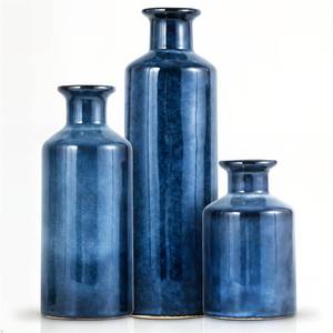 lot 49052 image: Mowtanco Blue Ceramic Vases - 3 Small Ribbed Vase for Flowers, Modern Minimalist Home Decor, Decorative Pottery Glazed Vase for Bookshelf, Fireplaces and Entryway Decor, Centerpieces for Dining Table - Retail $2,883