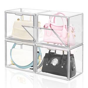 lot 49061 image: DILIBRA 4 Packs Clear Plastic Handbag Storage Organizer for Closet, Small Acrylic Display Box for Handbag, Stackable Storage Boxes Bag Organizer with Magnetic Door for Purse Clutch Wallet Book - Retail $40