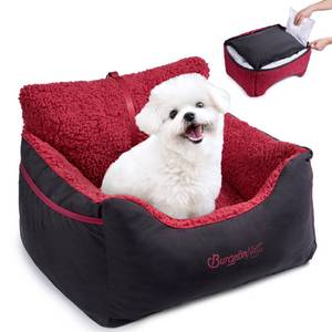 lot 49065 image: BurgeonNest Dog Car Seat for Small Dogs, Detachable and Washable Cat Carseats Under 25 lbs, Soft Pet Booster Seats with Storage Pockets and Clip-On Leash Portable Car Travel Carrier Bed, Black red - Retail $48