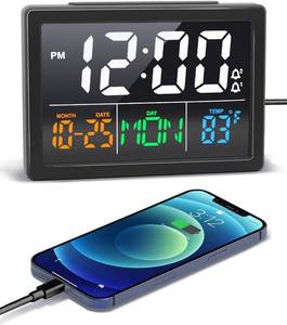 lot 49069 image: Digital Alarm Clock, with 5.5 Large LED Time Display, Adjustable Alarm Volume, 6 Level Brightness, Alarm Settings, USB Charger, Temperature Detect, Snooze, Clocks for Bedroom, Bedside, Desk, Black - Retail $18