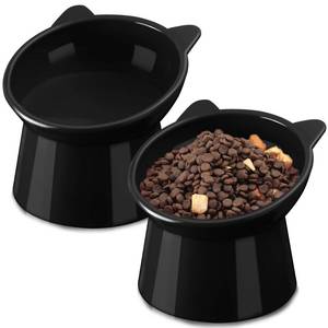lot 49071 image: Zhehao 2 Pieces Plastic Raised Bowl Tilted 15 Degrees Elevated Cat Food and Water Bowls Set Anti Vomit Dog Kitten Food Dishes Pet for Cats and Small Dogs(Cat Ears,Black) - Retail $16
