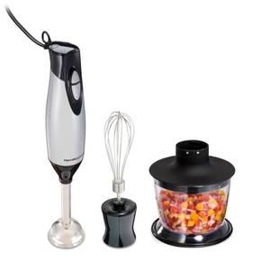 lot 49082 image: Hamilton Beach 4-in-1 Electric Immersion Hand Blender with Handheld Blending Stick, Whisk  3-Cup Food & Vegetable Chopper Bowl, 2-Speeds, 225 Watts, Silver and Stainless Steel (59765) - Retail $44