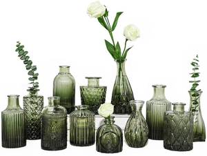 lot 49084 image: TBWIND 12pcs Green Glass Bud Vases Set, Small Vases for Flowers, Bud Vase for Centerpieces in Bulk, Mini Vintage Vase for Wedding Decorations, Office and Home Table Flower Decor - Retail $27
