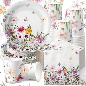 lot 49096 image: Hsei 250 Pcs Spring Wildflower Party Decoration Baby Shower Disposable Tableware Sets Birthday Supplies Serves 50 Guests Disposable Plates Napkins and Cups for Baby Bridal Shower Birthday Party - Retail $30