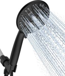 lot 49102 image: Cobbe 8-Setting Handheld Shower Head with High Pressure Shower Heads - Bathroom Showerhead Set - Detachable Showerhead with 5ft Stainless Steel Hose and Brass Swivel Bracket (Matte Black) - Retail $24