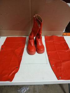 lot 49108 image: Red Leather Platform Boots with Metal Studs and Chaps - Size 10 - Retail $45