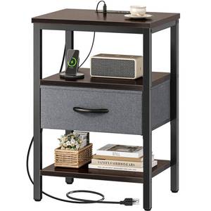 lot 61742 image: SUPERJARE Nightstand with Charging Station, Bed Side Table with Adjustable Fabric Drawer, Night Stand for Bedroom, 3-Tier Storage End Table, for Living Room - Walnut - Retail $60