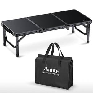 lot 61748 image: Anbte 3ft Low Folding Picnic Table, 10.3 Height Thicker Aluminum Small Camping Table with Storage Bag, Portable Handle, Lightweight, for Camping Beach Party Picnic Floor, 34.2 x 15.7, Black - Retail $50