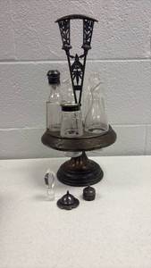 lot 30103 image: Victorian Cruet Set with Metal Stand and Glass Bottles - Retail $45