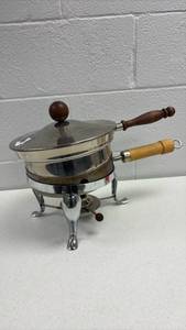 lot 30131 image: Stainless Steel Chafing Dish with Wooden Handles and Stand - Retail $25