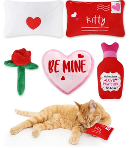 lot 2726 image: Cat Nip Cat Toys Love Potion Bottle, Rose, Heart, and Kitty Mail