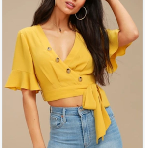 lot 2754 image: Lulus Yellow Button Front Wrap Top with Flutter Sleeves - Size Medium