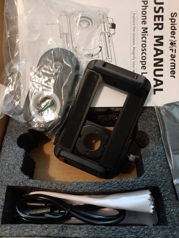 lot 36304 image: Spider Farmer Phone Microscope, 200X Magnification Portable Microscope with LED UV Light CPL Lens for iPhone & Android Phone Zoom Lens Attachment for PlantsCoinsJewelry - Retail $50