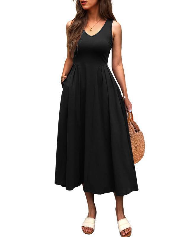 lot 36408 image: Womens Summer Sleeveless Casual Dresses Pleated Waist Elegant Midi A-Line Flowy Swing Dress Sundress with Pockets Black M - Retail $39