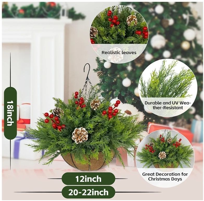 lot 36413 image: Artificial Christmas Hanging Baskets with PineCones and Berry Clusters - Retail $70
