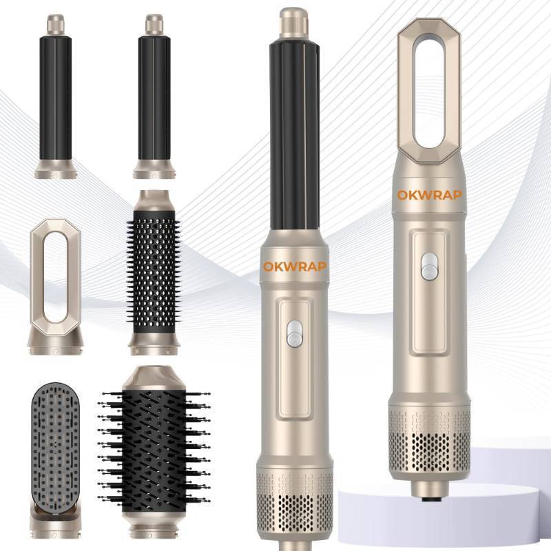 lot 45514 image: 6 in ONE Blow Dryer Brush, Air Curling Iron Round Brush Blow Dryer 800W Ionic Hair Dryer Brush for Women, Hot Air Brush Hair Styling Tools 100-120V - Retail $60