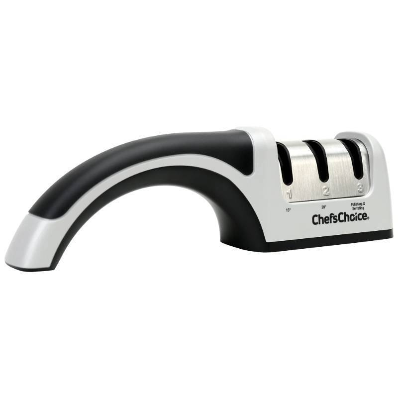 lot 45574 image: ChefsChoice Manual Knife Sharpeners for 15- and 20-Degree Straight-Edge and Serrated Knives with Diamond Abrasives Precise Angle Control & Compact Footprint, 2-Stage, Gray - Retail $60