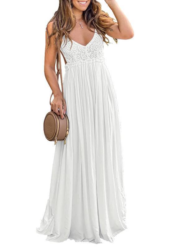 lot 26861 image: Bohemian Dress Womens V Neck Floral Lace Dress Sleeveless Bridesmaid Evening Long Dresses X-Large White - Retail $56
