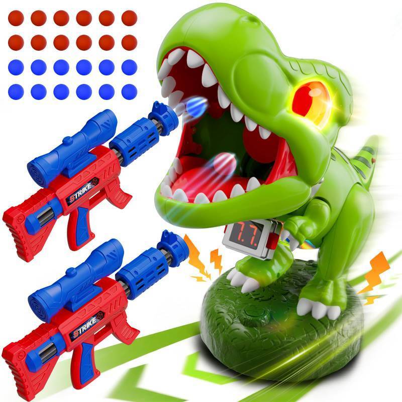 lot 26888 image: Dinosaur Moveable Shooting Toys, 2 Pack Launchers with Aiming, Roaring Dino Eyes & Belly Glow, LCD Score Record, Stocking Stuffers for Kids Toys Gifts for Boy Ages 3 4 5 6 7 8 9 10 Year Old - Retail $30