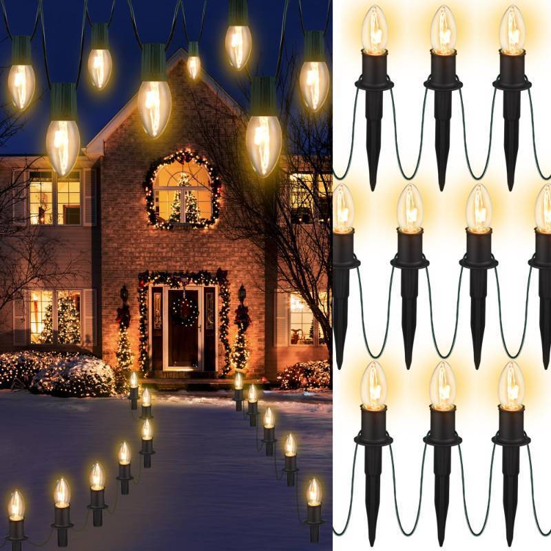 lot 26957 image: Outdoor Warm Christmas Pathway Lights, 24.2ft 20 Lights with Stakes, Outside Walkway Marker, C9 Christmas Decor, Driveway Decorations, Waterproof, Hanging or Plugging - Retail $50