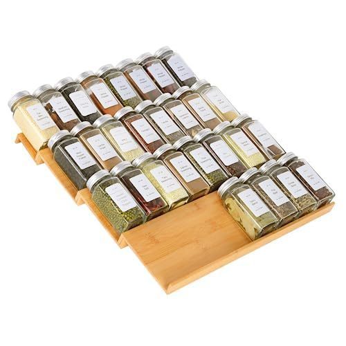 lot 26963 image: Spice Drawer Organizer,4 Tiers Bamboo Spice Rack Tray Insert for Cabinet Drawer Countertop, Kitchen Seasoning Storage Drawer Organization,14.57 Wide x 15.8 Deep ��Hold UP To 32 Jars - Retail $20