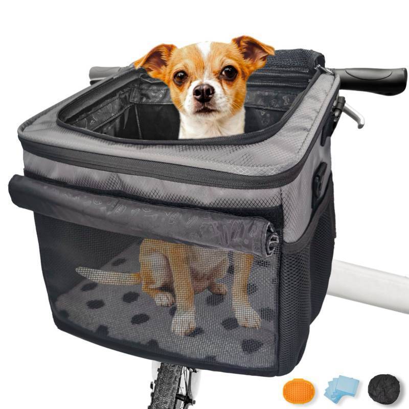 lot 26971 image: Dog Bike Basket, Cat Backpack Carrier, Dog Bike Carrier Hard, Pet Car Seat with Extended Single Shoulder Strap, Pet Shoulder Bag with Pet Bath Brush��Disposable Pee Pads 5pcs,Gray - Retail $60