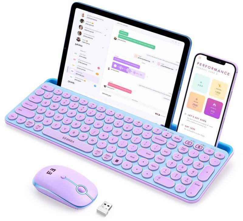 lot 26989 image: Bluetooth Keyboard and Mouse for iPad, CTU-301 Wireless Multi-Device Connection Bluetooth2.4G Keyboard Mouse Combo with Tablet Holder for iPadMacbookWindows, iOSAndroidPhone, Blue & Purple - Retail $40