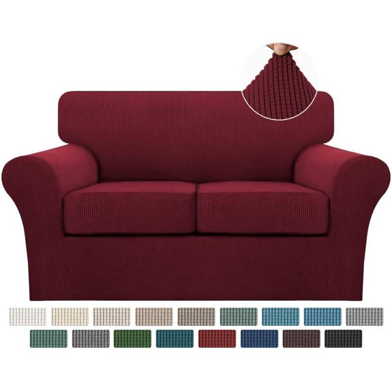 lot 27001 image: 3 Piece Sofa Covers for 2 Cushion Couch Sofa Slipcover Soft Couch Cover for Dogs-Washable Sofa Furniture Covers with 2 Individual Cushion Covers, Thick Jacquard Fabric (Loveseat, Burgundy) - Retail $43