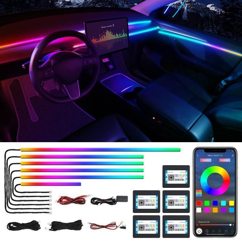 lot 56025 image: Acrylic Interior Car LED Strip Light with Wireless APP, RGB 6 in 1 with 175 inches 600 LEDs Fiber Optic Car Ambient Lighting Kits, Sound Active Function LED Strip for Car Accessories - Retail $56
